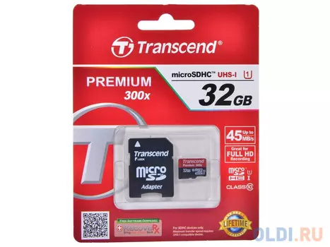 Карта памяти MicroSDHC 32GB Transcend UHS-I U1 + SD Adapter (TS32GUSDU1)