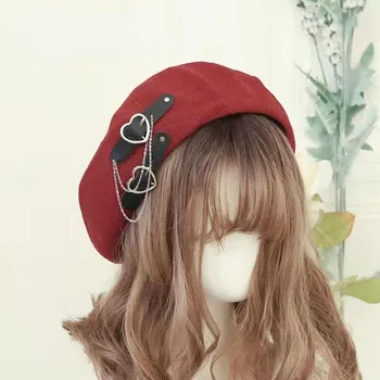Японский берет Harajuku Y2K, модная шляпа Лолиты, шляпа JK, берет для девочек, милый берет из искусственной кожи с цепочкой в виде сердца, шерсть, Kawaii, женская шляпа, аксессуары 56-58cm чёрный