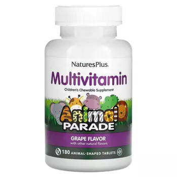 NaturesPlus, Детская добавка с мультивитаминами и микроэлементами, натуральный ароматизатор «Виноград», 180 жевательных таблеток в виде фигурок животных