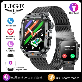 LIGE новые умные часы светодиодный фонарик Bluetooth вызов мониторинг здоровья спортивные водонепроницаемые умные часы silicone strap чёрный