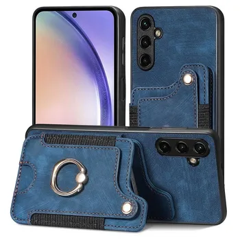 Кожаный чехол-сумка с магнитной картой для iPhone 16 15 14 13 Xiaomi 13T Poco X5 Pro Ring Bracket Cover для Samsung S24 Ultra S23 A54 Google с браслетом iPhone 14 чёрный