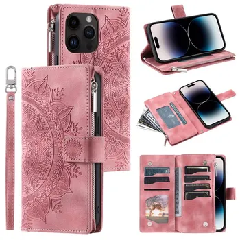 Кожаный чехол-книжка с ремешком для телефона для iPhone 15 Pro Max 14 Plus 13 12 11 X XS XR Samsung S24 Ultra S23 FE S22 S21 S20 A54 A34, чехол-кошелек для карт на молнии iPhone 6 (iPhone 6S) серый