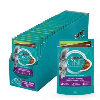 Purina One пауч для взрослых кошек особенно привередливых к вкусу (Индейка, утка и морковь, 75 г. упаковка 26 шт)