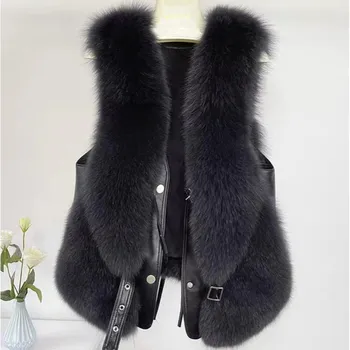 Leather Vest Women s Short Autumn and Winter Imitation Fox Hair Plus Cotton High-end Splicing Vest Jacket Women s Fox Hair New S