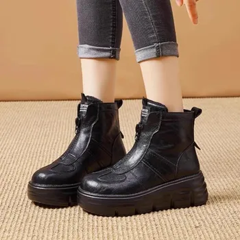 Fashion Retro Thick Bottom Martini Women Winter Short Boots Front Zipper Anti-slip Flocking Cotton Boots Women 35 коричневый