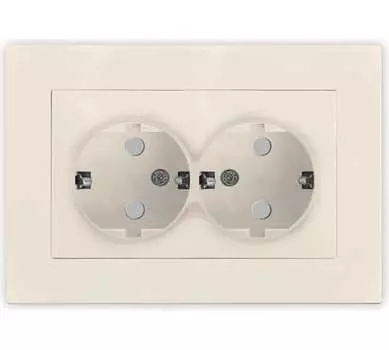 Розетка UNIVersal Афина A0050-I, скрытый монтаж, 2-х постовая, с з/к, со шторками, 16А, в сборе, IP20, слоновая кость (A0050-I)