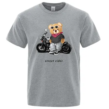 Мужская футболка для любителей мотоциклов Street Teddy Rider с принтом, свободная повседневная дышащая футболка с короткими рукавами, хлопковая одежда S чёрный
