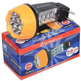 Фонарь ручной, встроенный аккумулятор, Ultraflash, 3 818, зарядка от сети 220 В, пластик, черно-желтый, 10973