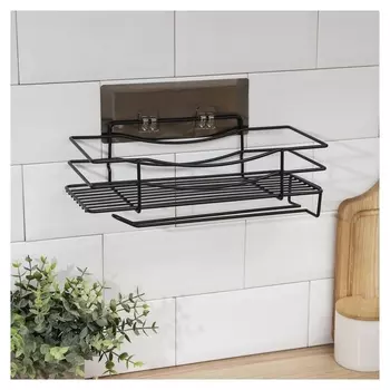 Полка на липучке, с держателем для полотенец, 30×13×10 см, цвет чёрный