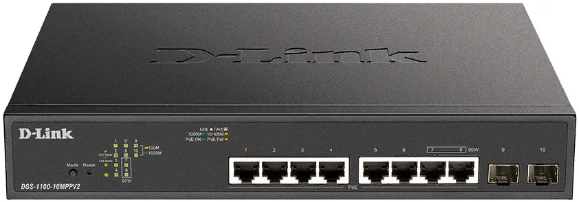 Коммутатор управляемый D-link DGS-1100-10MPPV2/A3A 8x10/100/1000Base-T PoE, 2x1000Base-X SFP (порты 1-8 PoE 802.3af/at, порты 7-8 PoE 802.3bt, PoE-бюд