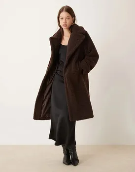 Длинное пальто борг в шоколаде New Look