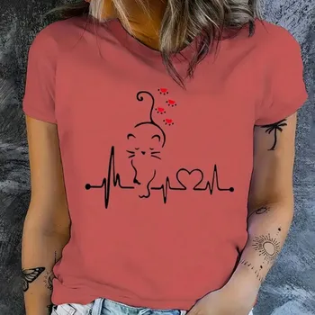 Модная женская футболка с принтом Love Circuit Cat, забавная повседневная футболка с круглым вырезом и короткими рукавами, летняя женская футболка XS розовый