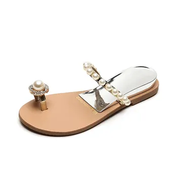 Customized 1998-2 sandals women wear summer Korean version temperament fairy wind pearl rhinestone flat bottom cool slippers 34 серебряный