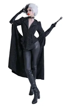 Костюм для косплея Cruella, черное пальто, платье, наряды, карнавальный костюм на Хэллоуин