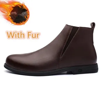 Chelsea Winter Black Mens Boots Натуральная кожа Офисные ботинки Модная дизайнерская обувь Мужская теплая зимняя обувь без застежек из коровьей кожи 46