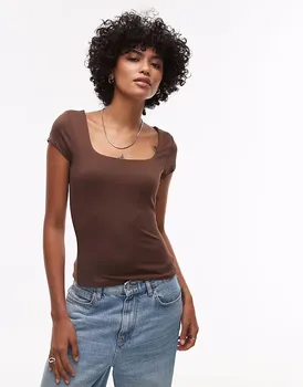 Топ Topshop с облегающими рукавами-крылышками шоколадно-коричневого цвета
