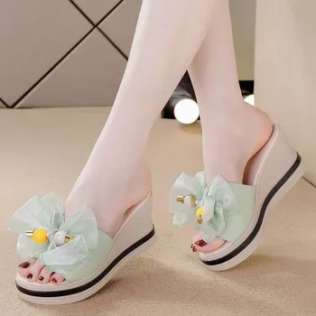 Soft leather heightening cool slippers summer 2025 new outer slippers women s thick-soled soft-soled non-slip one-word slippers women 35 белый