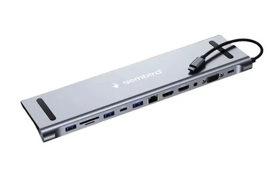 Док-станция Gembird UHB-D6 Type-C, 12в1: 2xUSB3.1,USB2.0, RJ45,PD87W, Jack3.5, SD/TF, 2xHDMI, VGA,Type-C