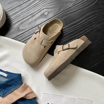Модные женские замшевые тапочки на танкетке, пробковые сабо на платформе, уличная домашняя обувь с нескользящей подошвой и пряжкой 35 верблюд