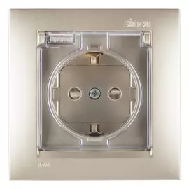 розетка 1 пост SIMON, серия 15 IP44 с заземлением, с защитной шторкой с крышкой, шампань