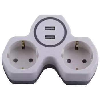 разветвитель 2 гнезда FERON з/к 16A USB выходами на 2,4А белый/серый