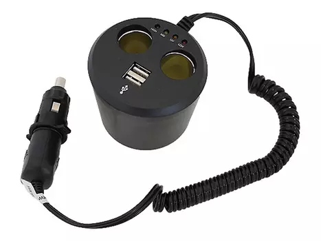 разветвитель прикуривателя, 2 USB, с индикатором зарядки, 12В, 2 гнезда