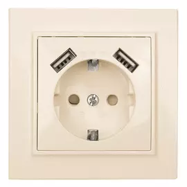 розетка 1 пост EKF Минск, 16А с заземлением с защитной шторкой, с 2 USB, 2,1 А, бежевая