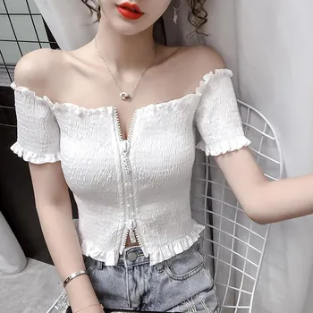 Розовый Hotsweet Slash Neck Женская блузка с двойной молнией Дизайн Укороченный топ с эластичной резинкой на талии Тонкий сексуальный с высокой талией и пупком с открытой летней одеждой S розовый