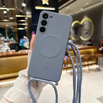 Жидкий магнитный чехол с ремешком через плечо для iphone 14 13 12 11 X XR XS Max 7 8 SE 2020/Samsung Galaxy S23 S22 Ultra Magsafe, силиконовая мягкая задняя крышка For Samsung S22 розовый