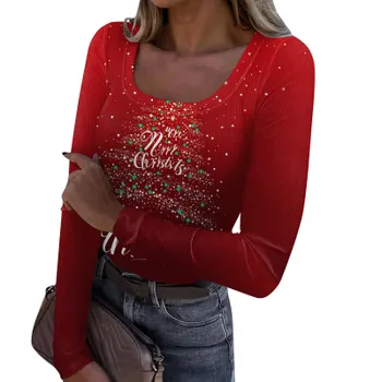 Женская мода Slim Bottom Casual с длинным рукавом и рождественским принтом пуловер с U-образным вырезом XXL киноварь