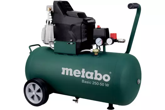 Компрессор воздушный Metabo Basic 250-50 W, 1.5 кВт, 7.9 атм, 110л/мин, 50 л, масляный, электрический, поршневой, коаксиальный (прямой) (601534000)