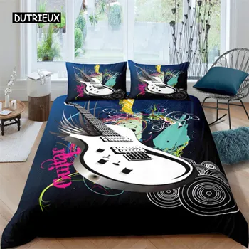 Guitar Queen Пододеяльник Рок-музыка Постельное белье Комплект гранж Цветной фон с брызгами кирпичной стены Электронная гитара Микрофоны Дизайн US Queen(228x228cm)