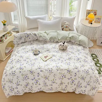 Plants Pink Flowers Pattern Duvet Cover 1Pc Pure Cotton Skin-friendly Comfortable Quilt Cover with Zipper Queen Size Bedding 150x200cm Single 1Pc