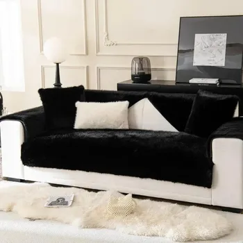 Winter Thick Sofa Towel Modern Fluffy Non-slip Plush Rabbit Wool Sofa Sitting Cushion Cover Slipcover Cushion Pad Towel A 70x70