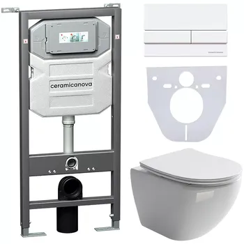 Комплект Унитаз подвесной Ceramicanova Metropol CN4002 безободковый, с микролифтом + Инсталляция Envision CN1002W + Кнопка Flat, белая