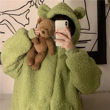 Корейская свободная куртка из овечьей шерсти с капюшоном и симпатичными ушками, женская зимняя куртка на молнии из бархата XXXL белый