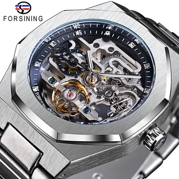 Forsining повседневные автоматические часы 3D Diamond Skeleton Hollow мужские наручные часы светящиеся военные часы Tourbillon Montre Homme золотой