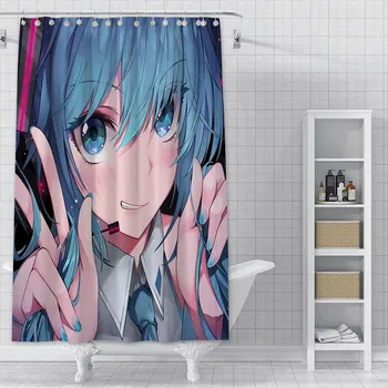 Аниме Девушка H-HatsuneS M-Miku Занавеска для душа Водонепроницаемая Полиэстеровая ткань Краска Занавеска для ванны Домашний Декор для ванной комнаты Занавеска с крючками YL90x180cm