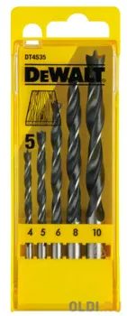 Набор спиральных сверл DeWALT DT4535-QZ по дереву (5шт.): 4,5,6,8,10мм в пластиковой кассете
