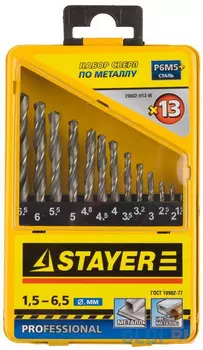 Набор STAYER Сверла "PROFI" по металлу, быстрорежущая сталь, в пласт.боксе, 13шт [29602-H13]