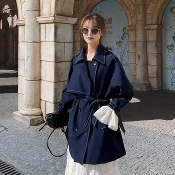 Stylish Double-breasted Temperament Waist Lace-up Short Trench Coat S
