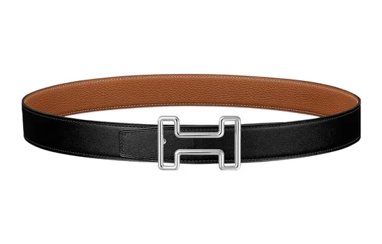 HERMES Ремень Togo Comfortable Togo из телячьей кожи с серебряной пряжкой, двусторонний, черный/коричневый, мужской, ширина 3,2 см