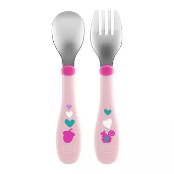 Chicco Набор для кормления (ложка и вилка) 00016102100000, нерж. сталь,18 мес.+, розовый