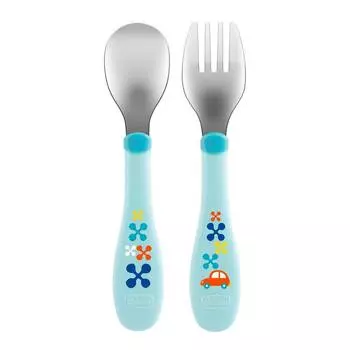 Chicco Набор для кормления (ложка и вилка) 00016102200000, нерж. сталь,18 мес.+, голубой