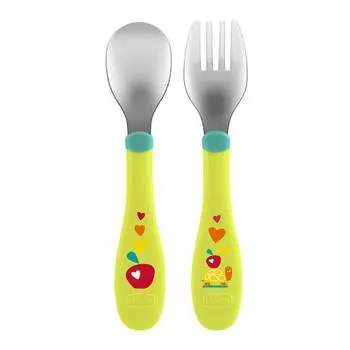 Chicco Набор для кормления (ложка и вилка) 00016102300000, нерж. сталь,18 мес.+, зеленый