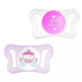 Chicco Пустышка Micro для принцессы, силиконовая, 0-2 месяца, 2 штуки, рисунок карета надпись
