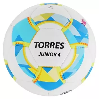 Мяч футбольный Torres Junior-4, размер 4, вес 310-330 г, глянцевый ПУ, 3 слоя, 32 панели, ручная сшивка, цвет белый/синий/жёлтый