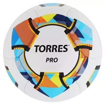 Мяч футбольный Torres Pro, размер 5, 14 панелей, PU, 4 подкладочных слоя, ручная сшивка, цвет белый/синий/жёлтый