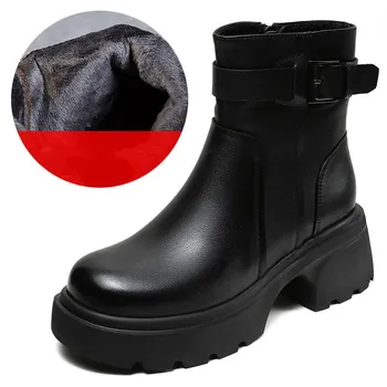Johnature British Style короткие сапоги на толстой подошве универсальные женские сапоги из натуральной кожи с круглым носком и пряжкой на ремне 35 коричневый