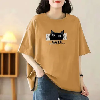 Футболка из хлопка с коротким рукавом, женская, свободная, модная, со средним рукавом, летняя, винтажная футболка XS